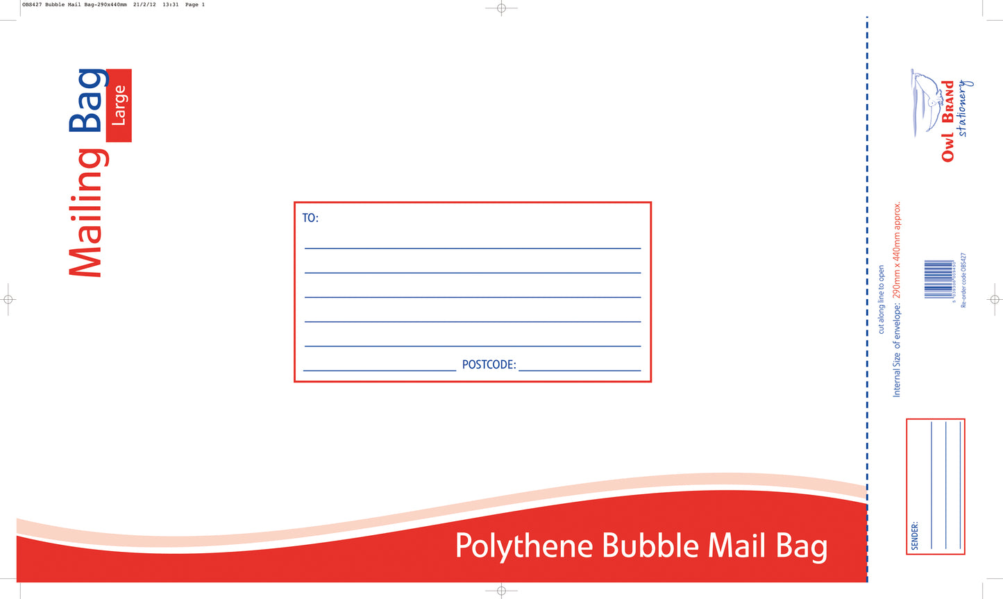 Owl Brand Polythene Bubble Mail Bag Large 290mm x 440mm - Pkd 10's