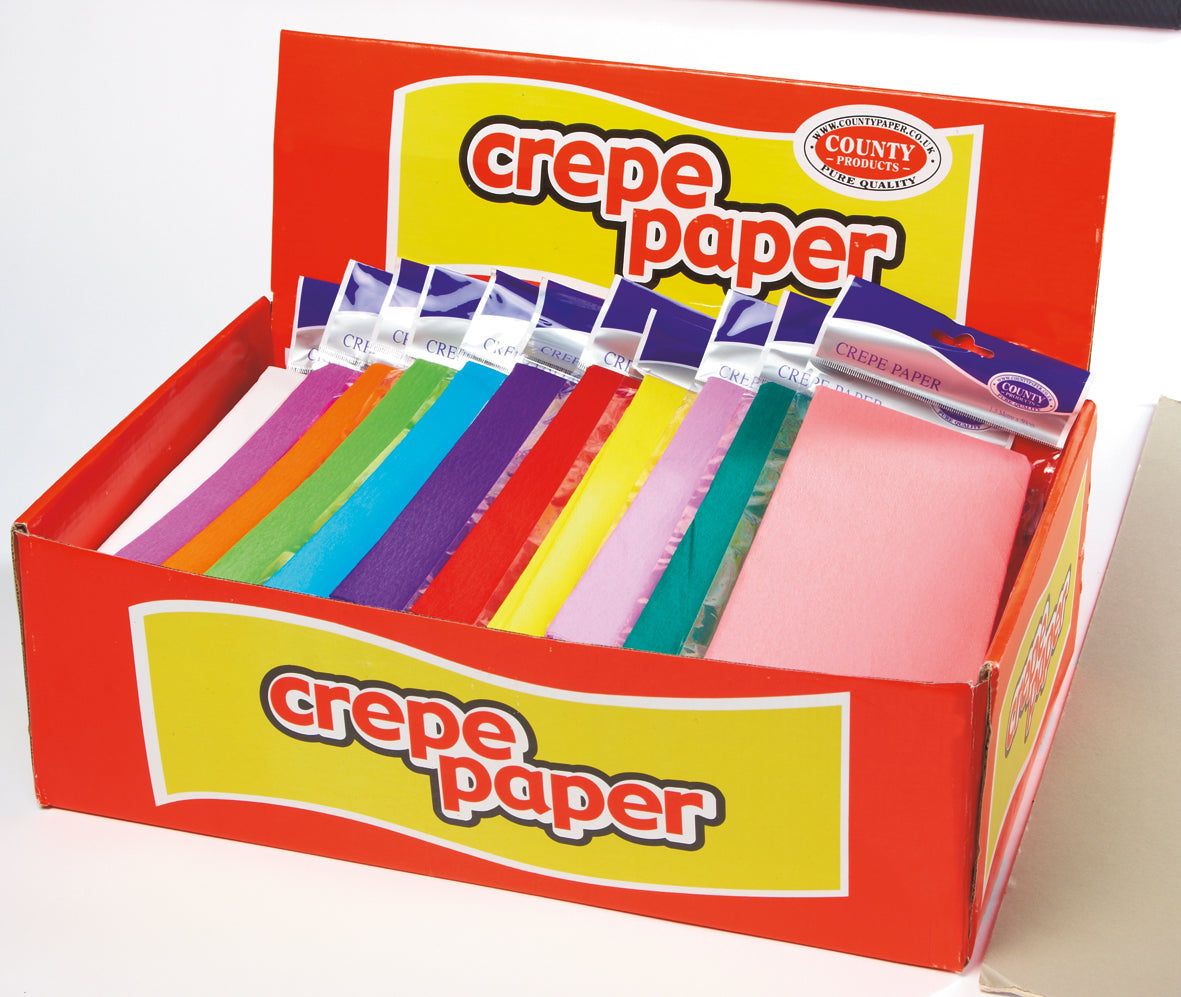 Folded Crepe Paper 1.5m x 50cm Assorted Colours CDU - Pkd 48's