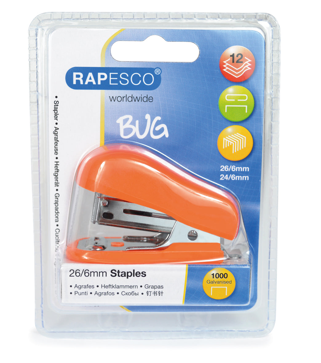 Rapesco 26/6mm Orange Mini Bug Stapler + 1000 Staples Hang Pack (12 Sheets) - Pkd 12's